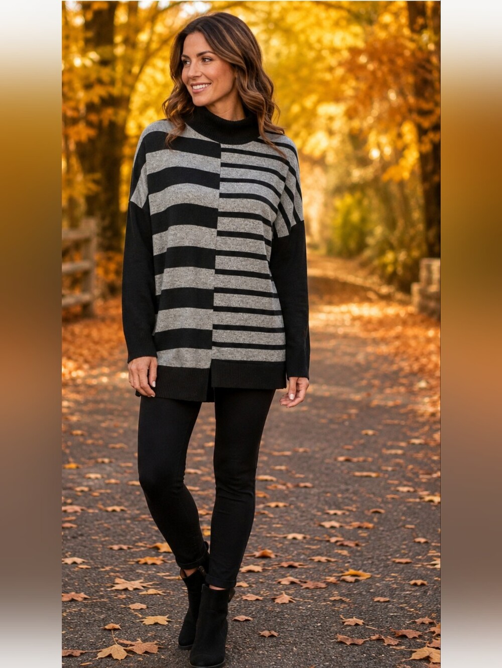 Emily Daniels Black Gray Striped Turtleneck Sweater Tunic Size Large NWT